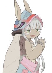 Rule 34 | 1other, :3, animal ears, blunt bangs, brown fur, commentary request, fake horns, fangs, green eyes, helmet, highres, horizontal pupils, horned headwear, horns, long hair, made in abyss, nanachi (made in abyss), no humans, nzmtarou, open mouth, rabbit ears, rabbit girl, simple background, solo, tongue, white background, white hair