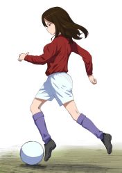 Rule 34 | 10s, 1girl, a1 (initial-g), ball, black footwear, breasts, brown eyes, brown hair, cleats, closed mouth, commentary request, expressionless, from side, full body, girls und panzer, kneehighs, long hair, long sleeves, medium breasts, nonna (girls und panzer), profile, purple socks, red shirt, running, shirt, shoes, shorts, soccer, soccer ball, socks, solo, white background, white shorts