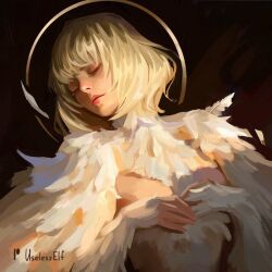 Rule 34 | 1girl, black background, blonde hair, chimera, closed eyes, closed mouth, dungeon meshi, eyelashes, falin touden, falin touden (chimera), feathers, halo, hands on own chest, head tilt, medium bangs, monster girl, painterly, signature, simple background, solo, spoilers, upper body, useless elf, white feathers
