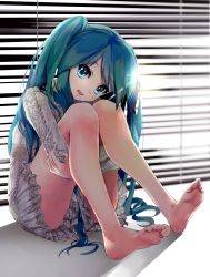 Rule 34 | 1girl, aqua hair, bad id, bad pixiv id, barefoot, blue eyes, casual, feet, full body, hatsune miku, head tilt, highres, hugging own legs, indoors, long hair, miniskirt, nail polish, open mouth, pink nails, pleated skirt, skirt, soles, solo, sweater, takepon1123, toes, twintails, very long hair, vocaloid, white skirt, white sweater, window blinds