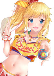 Rule 34 | 1girl, :d, blonde hair, blue eyes, blush, bow, breasts, cleavage, collarbone, crop top, dutch angle, floating hair, hair bow, head tilt, holding, idolmaster, idolmaster cinderella girls, jewelry, koukoku, long hair, looking at viewer, medium breasts, midriff, navel, necklace, ohtsuki yui, open mouth, polka dot, polka dot bow, side ponytail, simple background, sleeveless, smile, solo, stomach, striped, striped bow, swept bangs, upper body, white background, white polka dots, wrist cuffs