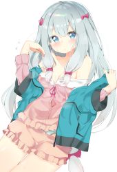 Rule 34 | 10s, 1girl, absurdres, bad id, bad pixiv id, bare shoulders, blood, bloomers, blue eyes, blush, bow, breasts, cleavage, commentary request, embarrassed, eromanga sensei, flying sweatdrops, hair bow, highres, izumi sagiri, kamioka shun&#039;ya, long hair, looking at viewer, medium breasts, open clothes, pajamas, panties, panties under bloomers, pink blood, pink bow, silver hair, simple background, solo, underwear, white background, white panties
