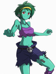 Rule 34 | 1girl, absurdres, blue shorts, colored skin, earrings, green hair, green skin, headband, highres, jewelry, looking at viewer, midriff, navel, nunogire, open hands, red eyes, rottytops, shantae (series), short hair, shorts, skull, skull belt, skull earrings, smile, solo, stitches, white background, yellow headband, zombie