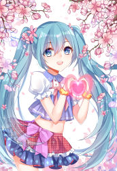 1girl absurdres aqua_hair bad_id bad_pixiv_id blue_eyes cherry_blossoms chuor_(chuochuoi) female_focus hatsune_miku heart highres long_hair midriff open_mouth skirt solo twintails very_long_hair vocaloid