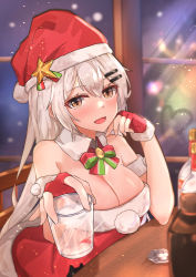 Rule 34 | 1girl, absurdres, alcohol, bare shoulders, blush, bottle, bow, bowtie, breasts, christmas, cleavage, cup, dress, fingerless gloves, fluff, girls&#039; frontline, gloves, grey eyes, hair ornament, hairclip, hand on own chin, hat, highres, holding, holding cup, long hair, looking at viewer, medium breasts, merry christmas, muteppona hito, new year, official alternate costume, open mouth, red dress, red gloves, red hat, santa costume, santa dress, santa hat, silver hair, sitting, smile, solo, stolichnaya (vodka), svd (girls&#039; frontline), table, vodka, window