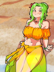 Rule 34 | 1girl, :&gt;, bare shoulders, beach, bikini, bow, braid, braided bun, breasts, cleavage, closed mouth, collarbone, commentary, elincia ridell crimea, elincia ridell crimea (summer), english commentary, fingernails, fire emblem, fire emblem: path of radiance, fire emblem: radiant dawn, fire emblem heroes, groin, hair bun, hair intakes, highres, jewelry, large breasts, light green hair, long hair, mnejing30, navel, necklace, nintendo, official alternate costume, orange bikini, orange bow, orange eyes, sarong, see-through, see-through sarong, single hair bun, sitting, smile, solo, swimsuit