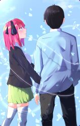 Rule 34 | 1boy, 1girl, absurdres, black cardigan, black hair, blue eyes, blue shirt, breasts, butterfly hair ornament, cardigan, collared shirt, from behind, go-toubun no hanayome, green skirt, hair ornament, highres, holding another&#039;s wrist, kisaragi yotsuba, large breasts, looking at another, nakano nino, pleated skirt, profile, red hair, shirt, short hair, skirt, string, string of fate, thighhighs, uesugi fuutarou, white thighhighs, zettai ryouiki