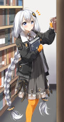 Rule 34 | 1girl, :o, absurdres, ahoge, black jacket, blue eyes, book, bookshelf, braid, collared shirt, commentary request, dress, feet out of frame, fingerless gloves, gloves, grey dress, hair between eyes, hair ornament, highres, hugging object, indoors, jacket, kizuna akari, long hair, long sleeves, looking at viewer, notice lines, open clothes, open jacket, orange gloves, orange pantyhose, pantyhose, parted lips, partial commentary, pentagon (railgun ky1206), puffy long sleeves, puffy sleeves, shirt, sidelocks, silver hair, solo, standing, striped clothes, striped gloves, striped pantyhose, twin braids, vertical-striped clothes, vertical-striped gloves, vertical-striped pantyhose, very long hair, voiceroid, white shirt