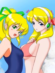 Rule 34 | 2girls, alia (mega man), android, asymmetrical docking, bare arms, bare shoulders, bikini, bikini top only, blonde hair, blue background, blue eyes, blush, breast press, breasts, capcom, cloud, female focus, graphite (medium), green eyes, hand on own chest, headset, kagibane, large breasts, long eyelashes, long hair, looking at viewer, looking to the side, mega man (series), mega man x (series), multiple girls, nail polish, open mouth, red bikini, red nails, robot ears, roll (mega man), school swimsuit, sidelocks, small breasts, smile, swimsuit, traditional media