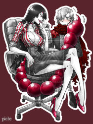 Rule 34 | 00s, 1boy, 1girl, adiane, blush, breasts, chair, cigarette, cleavage, corset, eyepatch, high heels, large breasts, long hair, monochrome, no bra, piote, red background, red theme, scorpion tail, shirt, shoes, skirt, spot color, tail, tengen toppa gurren lagann, tengen toppa gurren lagann: parallel works, very long hair, viral (ttgl), watermark