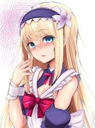 Rule 34 | 1other, apron, bare shoulders, blonde hair, blue dress, blue eyes, chevalier d&#039;eon (fate), chevalier d&#039;eon (maid knight) (fate), cleavage cutout, clothing cutout, commentary request, dress, fate/grand order, fate (series), flower, frilled dress, frills, hair flower, hair ornament, hairband, highres, long hair, looking at viewer, neck ribbon, open mouth, ribbon, sen (astronomy), sidelocks, solo, white apron