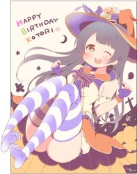 Rule 34 | 10s, 1girl, ;d, armband, bat (animal), bloomers, blush, bow, bowtie, brown eyes, commentary request, cross, fingerless gloves, ghost, gloves, grey hair, halloween, happy birthday, hat, hat ribbon, jack-o&#039;-lantern, long hair, love live!, love live! school idol festival, love live! school idol project, minami kotori, no shoes, one eye closed, open mouth, ribbon, saku usako (rabbit), signature, sitting, skirt, smile, snail, solo, star (symbol), striped bow, striped bowtie, striped clothes, striped neckwear, striped thighhighs, thighhighs, toe scrunch, underwear, witch hat