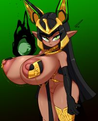 Rule 34 | 1girl, animal ears, ankh, bare shoulders, between breasts, black hair, black sleeves, blunt bangs, breasts, circlet, cleavage, closed mouth, commentary, dark-skinned female, dark skin, detached sleeves, egyptian, expressionless, fake animal ears, gluteal fold, gold trim, gradient background, green eyes, highres, huge breasts, jellot, last origin, long hair, looking at viewer, nipples, pointy ears, revealing clothes, sekhmet of death, simple background, solo, thighs