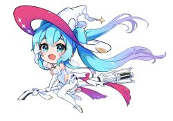 Rule 34 | 1girl, ankle bow, ankle ribbon, blue eyes, blue hair, blush, bow, broom, broom riding, chibi, covered navel, crypton future media, detached sleeves, elbow gloves, gloves, goodsmile racing, gradient hair, hat, hatsune miku, high heels, highres, leotard, logo, multicolored hair, open hand, open mouth, pants, peteron, puffy short sleeves, puffy sleeves, purple hair, racing miku, racing miku (2024), ribbon, short sleeves, simple background, smile, solo, twintails, vocaloid, white background, white bow, white footwear, white hat, white leotard, white pants, witch hat, yoga pants