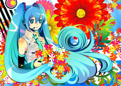 Rule 34 | 1girl, aqua hair, circle, collared shirt, colorful, detached sleeves, floral background, flower, grey shirt, hair between eyes, hair ornament, hashimochi, hatsune miku, headphones, headset, heart, heart-shaped pupils, long hair, microphone, necktie, saihate (vocaloid), shirt, solo, striped, symbol-shaped pupils, twintails, upper body, vocaloid