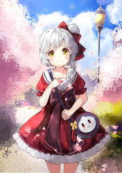 Rule 34 | 1girl, bag, blue sky, blush, bow, breasts, brown bow, cherry blossoms, cleavage, closed mouth, cloud, cloudy sky, commentary request, cowboy shot, day, dress, flower, grey hair, hair bow, hair bun, head tilt, highres, lamppost, long hair, medium breasts, outdoors, ping hai (warship girls r), pink flower, puffy short sleeves, puffy sleeves, red bow, red dress, sailor collar, sailor dress, short sleeves, shoulder bag, single hair bun, situmey, sky, smile, solo, warship girls r, white sailor collar, yellow eyes