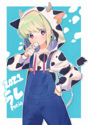 Rule 34 | 1boy, alternate costume, animal print, blue background, blue overalls, border, bottle, cow hood, cow print, cow tail, drinking, ear tag, earrings, fake tail, green hair, hand on own hip, highres, holding, holding bottle, hood, hoodie, jewelry, kouhara yuyu, light blush, lio fotia, long sleeves, male focus, milk bottle, overalls, print hoodie, promare, purple eyes, short hair, solo, standing, tail, trap, triangle earrings, v-shaped eyebrows, white border