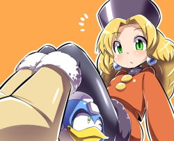 Rule 34 | 1girl, beat (mega man), blonde hair, breasts, capcom, commentary request, dress, earrings, full body, fur hat, green eyes, hat, jewelry, kalinka cossack (mega man), long hair, mega man (classic), mega man (series), mega man 4, pantyhose, popporunga, robot, rockman xover, simple background, solo