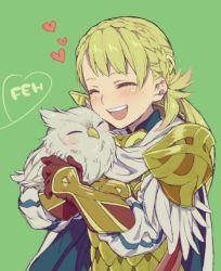 Rule 34 | 1girl, armor, bird, blonde hair, blush, braid, cape, closed eyes, feh (fire emblem heroes), fire emblem, fire emblem heroes, hiyori (rindou66), hug, long hair, nintendo, open mouth, owl, scale armor, sharena (fire emblem), smile, solo
