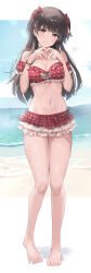 Rule 34 | 1girl, absurdres, bare legs, barefoot, beach, bikini, black hair, blush, breasts, cleavage, commentary request, feet, frilled bikini, frills, full body, head tilt, heart, heart hands, heart print, highres, idolmaster, idolmaster shiny colors, looking at viewer, mayuzumi fuyuko, medium breasts, navel, outdoors, partial commentary, powder is kona, print bikini, red bikini, smile, solo, spread toes, stomach, swimsuit, toenails, toes, two side up