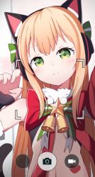 Rule 34 | 1girl, absurdres, animal ear headphones, animal ears, bare shoulders, bell, black sleeves, blonde hair, blush, bow, cat ear headphones, cat ears, closed mouth, fake animal ears, fingernails, fur collar, girls&#039; frontline, green bow, green eyes, head tilt, headphones, heart, highres, long hair, looking at viewer, outstretched arm, reaching, reaching towards viewer, red bow, selfie, sleeves past wrists, solo, starfox1015, striped, striped bow, tmp (girls&#039; frontline), tmp (red-eared cat) (girls&#039; frontline), very long hair, viewfinder