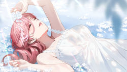 Rule 34 | 1girl, bare arms, breasts, closed eyes, dress, ekao, flower, hair between eyes, head wings, holding, holding flower, hololive, long hair, lying, nail polish, on back, parted lips, pink hair, pink nails, sleeveless, sleeveless dress, solo, takane lui, upper body, virtual youtuber, white dress, white flower, wings