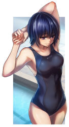 Rule 34 | 1girl, amagami, arm up, blue hair, blue one-piece swimsuit, competition swimsuit, covered navel, cowboy shot, from above, highres, nanasaki ai, one-piece swimsuit, purple eyes, short hair, solo, standing, stretching, swimsuit, todee