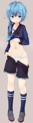Rule 34 | 10s, 1girl, absurdres, ahoge, asymmetrical hair, blue eyes, blue hair, blue necktie, blue socks, blush, bow, bow panties, clothes lift, clothes pull, collarbone, fang, frilled shorts, frills, full body, gluteal fold, grey background, groin, highres, kantai collection, kneehighs, lifted by self, long hair, long sleeves, looking at viewer, matching hair/eyes, midriff, minazuki (kancolle), navel, necktie, open mouth, panties, school uniform, serafuku, shirt lift, shoes, shorts, shorts pull, simple background, socks, solo, squiggle, standing, stomach, striped clothes, striped panties, underwear, yuki (yukin0128)