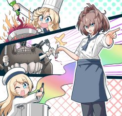 Rule 34 | 4girls, abyssal ship, alternate costume, anzio princess, apron, black pants, blonde hair, blue apron, blue eyes, blue neckwear, blush, bottle, breasts, brown hair, chef, chef hat, fire, fork, gloves, hair between eyes, hat, holding, holding bottle, holding fork, holding spoon, janus (kancolle), jervis (kancolle), kantai collection, knife, long hair, long sleeves, multiple girls, one eye closed, open mouth, pants, ponytail, pot, sailor hat, sheffield (kancolle), short hair, simple background, spoon, suke (share koube), teeth, waist apron, white gloves, white headwear
