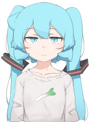 Rule 34 | 1girl, :/, abmayo, alternate costume, arms at sides, collarbone, cropped torso, expressionless, green eyes, green hair, hair ornament, hatsune miku, highres, long sleeves, looking at viewer, print shirt, shirt, simple background, solo, twintails, upper body, vocaloid, white background