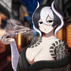 Rule 34 | 1girl, alternate costume, architecture, bandaged arm, bandages, black eyes, black hair, black kimono, blowing smoke, blue sky, blurry, blurry background, breasts, cleavage, east asian architecture, empty eyes, hair between eyes, hair horns, highres, holding, holding smoking pipe, japanese clothes, kimono, kiseru, large breasts, long bangs, looking at viewer, made in abyss, night, open mouth, outdoors, ozen, short hair, shoulder tattoo, sky, smoking, smoking pipe, smugbuns, solo, tattoo, upper body