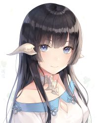 Rule 34 | 1girl, au ra, ayuanlv, bare shoulders, black hair, blue eyes, blush, breasts, cleavage, closed mouth, clover, collarbone, dragon horns, eyes visible through hair, final fantasy, final fantasy xiv, highres, horns, looking at viewer, off shoulder, smile, solo, straight hair, upper body