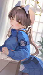 Rule 34 | 1girl, absurdres, animal ears, black pantyhose, blue archive, blue skirt, blue sweater, blush, breasts, brown eyes, brown hair, cowboy shot, danha, fake animal ears, glasses, halo, highres, large breasts, long hair, long sleeves, looking at viewer, moe (blue archive), open mouth, pantyhose, pleated skirt, rabbit ears, skirt, smile, solo, sweater, twintails, unworn eyewear, yellow halo