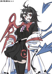 Rule 34 | 1girl, absurdres, ahoge, asymmetrical wings, black dress, black hair, black skirt, black thighhighs, blue wings, bow, bowtie, center frills, coat, commentary request, dated, dress, fang, frills, hair between eyes, highres, houjuu nue, looking at viewer, medium hair, one-hour drawing challenge, open mouth, red bow, red bowtie, red wings, short sleeves, simple background, skin fang, skirt, solo, thighhighs, touhou, ve1024, white background, white coat, wings