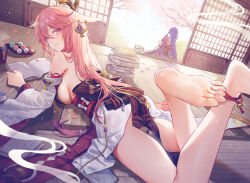 Rule 34 | 2girls, animal ears, bare shoulders, barefoot, book, braid, breasts, cherry blossoms, commentary request, dango, detached sleeves, earrings, food, foreshortening, fox ears, genshin impact, hair between eyes, hair ornament, highres, japanese clothes, jewelry, kimono, legs, lino chang, long hair, long sleeves, looking at viewer, looking back, low-braided long hair, low-tied long hair, lying, medium breasts, multiple girls, nontraditional miko, on stomach, open book, pink hair, purple eyes, purple hair, purple kimono, raiden shogun, sideboob, sidelocks, smile, soles, thighs, toes, very long hair, wagashi, yae miko