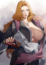 Rule 34 | 1girl, bleach, blonde hair, blue eyes, breasts, cleavage, haori, huge breasts, japanese clothes, jewelry, large breasts, long hair, looking at viewer, matsumoto rangiku, mole, mole under mouth, necklace, sokuse kienta, solo, sword, taichou haori, weapon, wide sleeves