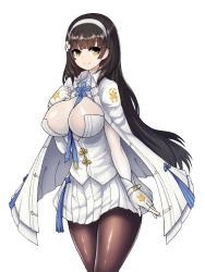 Rule 34 | 1girl, black hair, breasts, brown pantyhose, cape, closed mouth, cowboy shot, fingerless gloves, girls&#039; frontline, gloves, hairband, highres, impossible clothes, impossible shirt, large breasts, long hair, looking at viewer, pantyhose, pleated skirt, poorgom, shirt, skirt, smile, solo, type 95 (girls&#039; frontline), white background, white gloves, white hairband, white skirt, yellow eyes
