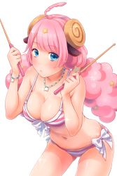 Rule 34 | 10s, 1girl, ahoge, animal ears, bad id, bad pixiv id, beads, bikini, blue eyes, blush, bracelet, breasts, cleavage, cowboy shot, drumsticks, eyebrows, front-tie bikini top, front-tie top, hair ornament, holding, horns, jewelry, large breasts, leaning forward, long hair, looking at viewer, misaka (05), moa (show by rock!!), navel, necklace, pendant, pink hair, shade, sheep ears, sheep horns, show by rock!!, side-tie bikini bottom, sideboob, simple background, skindentation, solo, sparkle, star (symbol), star hair ornament, star necklace, stomach, strap gap, striped bikini, striped clothes, swept bangs, swimsuit, thighs, twintails, white background