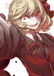 Rule 34 | 1girl, alternate costume, mismatched irises, black necktie, blonde hair, bow, collared shirt, colored eyelashes, constricted pupils, crazy eyes, darkness, flat chest, foreshortening, glowing, glowing eyes, hair bow, highres, jacket, long sleeves, looking at viewer, necktie, open mouth, red eyes, rumia, satou rin (gobugabuge), sharp teeth, shirt, short hair, simple background, sketch, smile, solo, suit jacket, teeth, tongue, touhou, white background