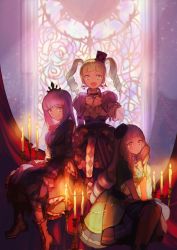 Rule 34 | 10s, 3girls, :d, aikatsu!, aikatsu! (series), aikatsu stars!, argyle, argyle clothes, argyle legwear, blonde hair, blunt bangs, boots, candle, crown, dress, earrings, fangs, gothic lolita, halloween, hat, highres, hikami sumire, jewelry, lolita fashion, long hair, looking at viewer, mini hat, mini top hat, multiple girls, open mouth, outstretched arm, pantyhose, purple hair, shirogane lily, sitting, smile, stained glass, todo yurika, top hat, twintails, wata (attaka towel), white hair