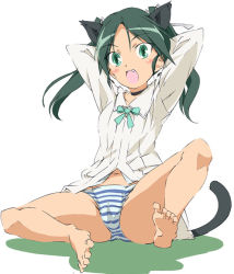 Rule 34 | 1girl, animal ears, arms behind head, barefoot, cat ears, cat tail, face, fang, feet, francesca lucchini, green eyes, green hair, matching hair/eyes, panties, solo, strike witches, striped clothes, striped panties, tail, twintails, umanosuke, underwear, world witches series