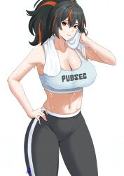 1girl absurdres aoma6026 black_hair black_pants breasts cleavage clothes_writing commentary cowboy_shot crop_top highres large_breasts leggings long_hair looking_at_viewer midriff multicolored_hair navel orange_eyes orange_hair pants ponytail simple_background solo sports_bra standing stomach streaked_hair sweat thighs white_background zenless_zone_zero zhu_yuan