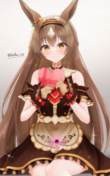 Rule 34 | 1girl, animal ears, bare shoulders, blush, box, breasts, brown gloves, brown hair, closed mouth, commentary request, cosplay, dress, ear ornament, frilled dress, frills, gem, gloves, hair between eyes, hairband, heart-shaped box, highres, holding, holding box, horse ears, horse girl, long hair, looking at viewer, lryutanl, medium breasts, mihono bourbon (code:glassage) (umamusume), mihono bourbon (umamusume), mihono bourbon (umamusume) (cosplay), multicolored hair, satono diamond (umamusume), sitting, smile, solo, streaked hair, striped clothes, striped hairband, twitter username, umamusume, very long hair, white hair, yellow eyes