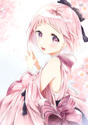 Rule 34 | 1girl, :d, bad id, bad pixiv id, bare shoulders, black bow, blurry, blurry foreground, blush, bow, commentary request, depth of field, detached sleeves, flower, forehead, hair bow, hands up, japanese clothes, kimono, looking at viewer, looking to the side, open mouth, original, pink flower, pink hair, pink kimono, pink sleeves, red eyes, sasakuma kyouta, sleeveless, sleeveless kimono, smile, solo, steepled fingers, wide sleeves