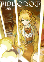 Rule 34 | 1boy, 1girl, belt, blonde hair, book, book stack, braid, brown belt, character name, closed mouth, coat, collared shirt, commentary request, crown braid, dress, flat chest, green eyes, hair ribbon, hairband, highres, library of ruina, lobotomy corporation, long sleeves, multiple belts, neck ribbon, nishikujic, open clothes, open coat, orange dress, orange hairband, orange ribbon, project moon, ribbon, shirt, smile, tiphereth a (project moon), tiphereth b (project moon), too many, too many books, white shirt, yellow coat