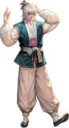 Rule 34 | 1boy, alpha transparency, artist request, chaos online, full body, grin, hanbok, highres, korean clothes, looking at viewer, male focus, official art, red eyes, silver hair, smile, solo, the bloodiator, transparent background