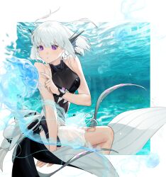 Rule 34 | 1girl, bare arms, bare shoulders, black one-piece swimsuit, breasts, fins, head fins, highres, liv: luminance (puella subnautica) (punishing: gray raven), liv (punishing: gray raven), medium breasts, medium hair, one-piece swimsuit, punishing: gray raven, purple eyes, see-through, see-through one-piece swimsuit, see-through shirt, see-through swimsuit, shrimpun, swimsuit, underwater, white hair