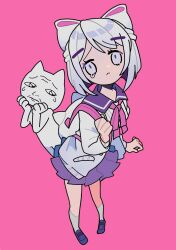 Rule 34 | 1boy, 1girl, animal bag, arm at side, backpack, bag, behind another, blue footwear, blunt ends, bob cut, bow, cardigan, cat boy, commentary request, crying, crying with eyes open, finder oji-san, foreshortening, frown, full body, hair bow, hair ornament, hairclip, half updo, hands up, highres, holding strap, indie virtual youtuber, jbs0, kneehighs, loafers, long sleeves, looking at viewer, neck ribbon, open cardigan, open clothes, pink background, pink ribbon, purple sailor collar, purple skirt, ribbon, sailor collar, school uniform, serafuku, shoes, short hair, simple background, skirt, socks, standing, tearing up, tears, uyuyu-chang, virtual youtuber, white bag, white bow, white cardigan, white hair, white socks, wrinkled skin