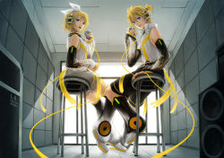 Rule 34 | 1boy, 1girl, akuhaku, arm warmers, bare shoulders, blonde hair, blue eyes, brother and sister, detached sleeves, from behind, hair ornament, hair ribbon, hairclip, headphones, highres, kagamine len, kagamine len (append), kagamine rin, kagamine rin (append), leg warmers, looking back, microphone, open mouth, ribbon, short hair, shorts, siblings, sitting, smile, thighhighs, twins, vocaloid, vocaloid append