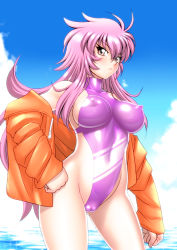 Rule 34 | 1girl, breasts, cameltoe, cleft of venus, covered erect nipples, covered navel, highleg, highleg swimsuit, hood, hoodie, long hair, magic knight rayearth, nova (rayearth), off shoulder, pink hair, red eyes, sakura ryuuken, shiny clothes, solo, swimsuit